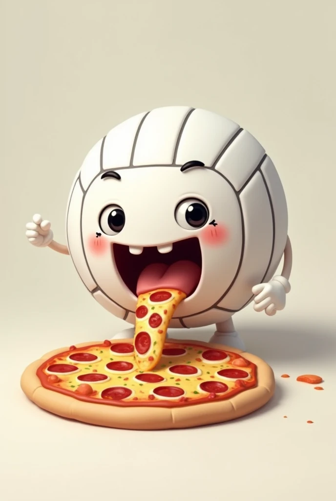 Make a white volleyball that has a mouth and eyes eating a pizza
