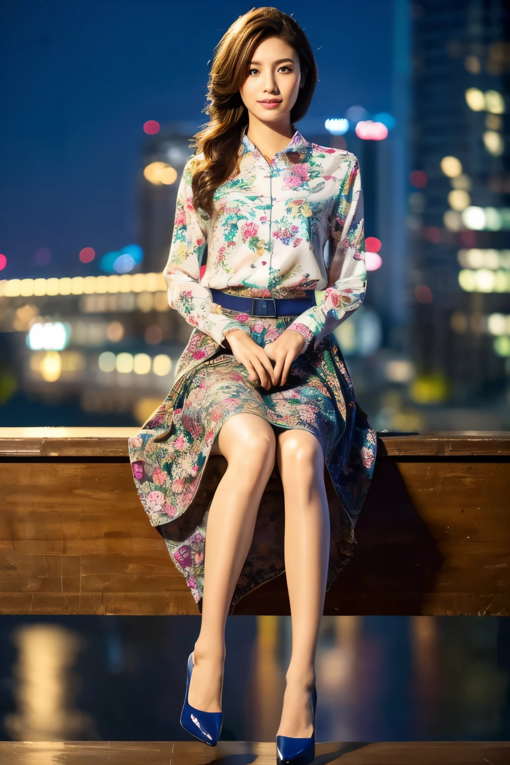 colorful shirt with collar、(long skirt with floral pattern:1.2)、(silk pantyhose)、(She is sitting, showing off her beautiful legs and high heels)、1 girl、(Delicate face、Detailed eyes and face、double eyelid、Glossy lips)、Moisturized skin、Highly detailed face and skin texture、Two well-balanced legs、((Highest quality、Ultra-high resolution、masterpiece、8k))、((Perfect Anatomy、Anatomically correct))、(Full Body Portrait)、Modern architecture at night on the background、Professional Lighting