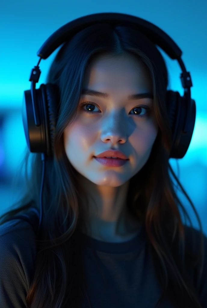 High-quality photograph of a young woman is wearing large over-ear headphones, which have a matte black finish. Her expression is calm, and she looks directly into the camera with wide, reflective eyes that catch the soft blue light around her. Her skin is smooth, with a slight blush on her cheeks, and her lips are slightly parted, giving her a serene look. She has long, dark hair that falls naturally around her face, with a few loose strands framing her features. The background is softly blurred, dominated by a cool blue glow, adding to the tranquil and intimate atmosphere of the scene.