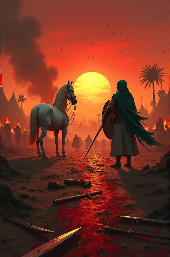 bloody sky, sun set, arrow everywhere, burning tents, date trees, blood everywhere, bloody swords, army with swords, knife, sheilds, and fire woods in his hand, a white wounded horse, a men which wear green hijab and proper fighting suit, heavy smoke, a bloody  river