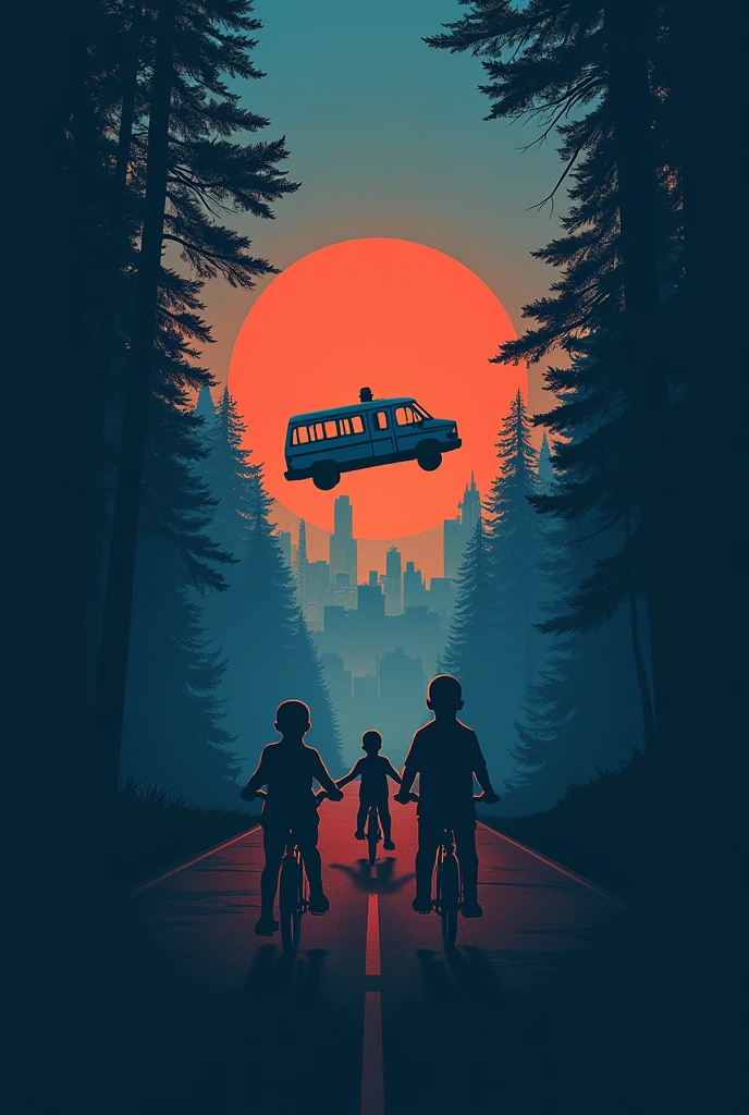 "A scene inspired by Stranger Things with a minimalist style similar to Olly Moss. In the top third of the image, three kids are riding their bikes on a dark road through a forest. Eleven, with a shaved head, is sitting on the bike behind one of the boys. In front of them, a police van is lifted into the air. In the middle third, the town of Hawkins is visible in the background with iconic buildings, all bathed in contrasting orange and blue light. The style is simple, using silhouettes and bold contrasting colors, reminiscent of vintage movie posters."