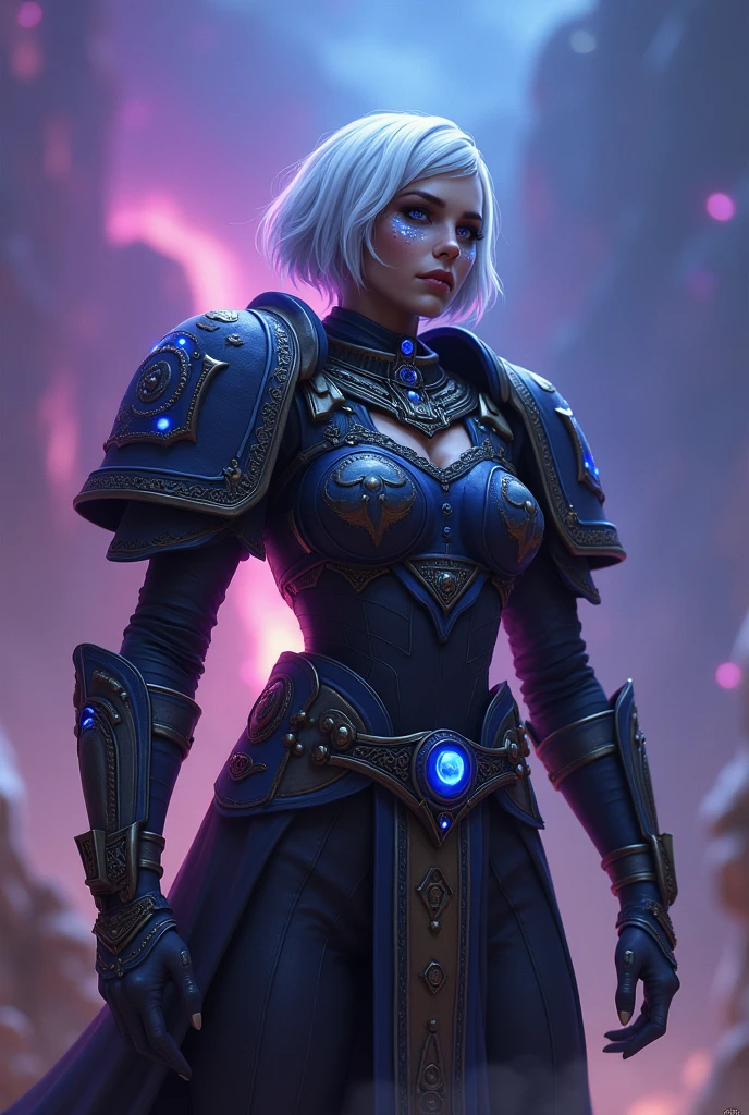 space marine, Warhammer 40K, women, big, servant of the tyrant, eye in armor decoration, Egyptian decoration, purple and blue gradient, short white hair, additional eye on cheek with blue glitter
