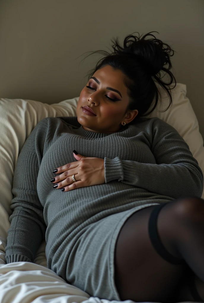 beautiful Izrael 35yo woman , large body, voluptuous woman, dark bun messy hair, , turtleneck sweater, grey tight skirt scarf, sexy skirt, black tights black pantyhose Eyes filled with love and affection, eye liner, mascara, solo lady, legs fully extended and straight, laying on back with legs raised up, thighs placed together, ultra detailed