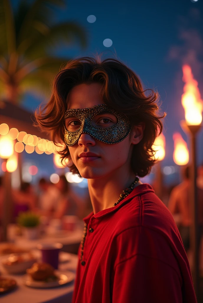 Young man with wavy hair wearing a mask on his upper face and red clothes at a luau party at night