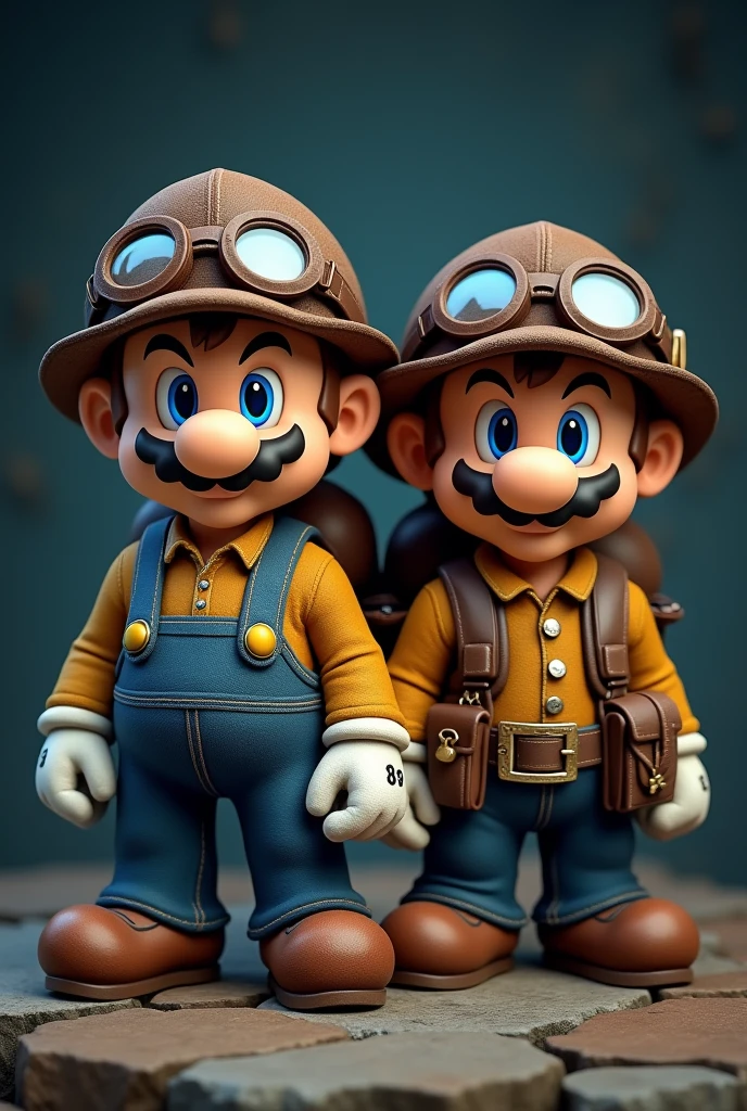 Dwarf Mario Bros with brown cap, leather waistcoat, transparent lenses, backpack and looking straight ahead with dark blue background