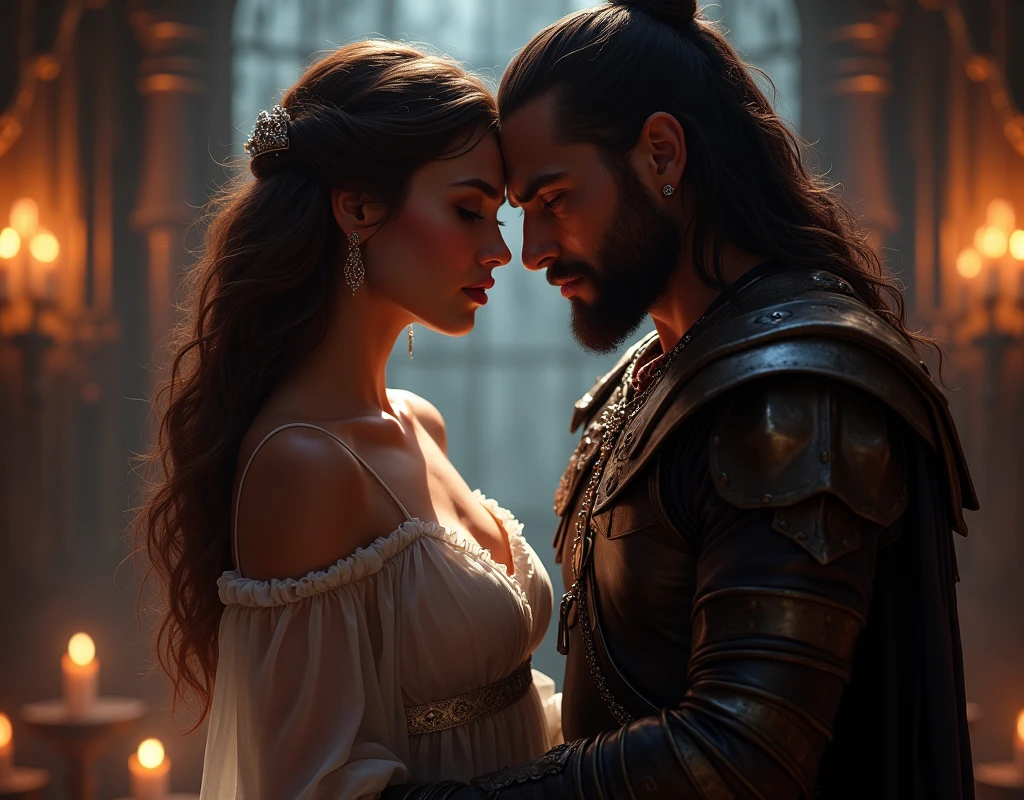In a dimly lit, opulent chamber within the dark fantasy palace, Lady Seraphina d'Aurelis and Kael Valaran share an intimate moment. Seraphina, clad in a revealing, diaphanous nightgown that accentuates her seductive and commanding presence, leans close to Kael. Her expression is a blend of allure and cold calculation, her eyes gleaming with dangerous intensity as she gazes into Kael's, probing the limits of his loyalty and desire. Kael, rugged and battle-hardened, stands near her, his face a canvas of conflict—torn between his attraction to her and his awareness of the power she wields over him. The tension between them is electric, a perilous mix of desire and manipulation. Rich, dark fabrics adorn the chamber, while flickering candlelight casts shadows that heighten the mysterious and foreboding atmosphere. This pivotal moment between Seraphina and Kael, rendered in a realistic, dark fantasy style, captures the complex and intense emotions at play.