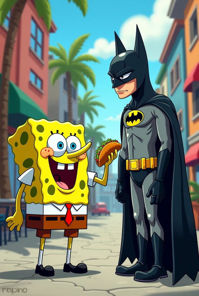 Spongebob selling tacos to Batman