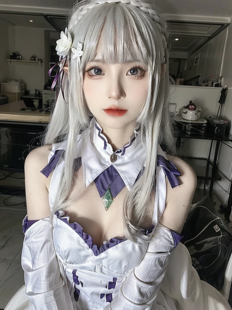 ulzzang-6500-v1.1,(raw photo:1.2),((photorealistic:1.4))best quality ,masterpiece, illustration, an extremely delicate and beautiful, extremely detailed ,CG ,unity ,8k wallpaper, finely detail, best quality,extremely detailed CG unity 8k wallpaper,absurdres, incredibly absurdres, big breats,sexy body,huge filesize, ultra-detailed, highres, extremely detailed,beautiful detailed girl, extremely detailed eyes and face, beautiful detailed eyes,light on face,cinematic lighting,1girl,(full body),(full-body shot),looking at viewer,outdoors, silver_hair, pointy_ears, purple_eyes, hair_ornament, hair_ribbon, lips