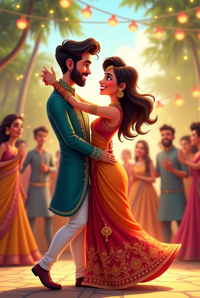 Create a Indian cartoon charcter of The couple dancing together at an outdoor Indian wedding, surrounded by twinkling fairy lights and guests in traditional attire. The girl is in a beautiful saree, and the boy in a sherwani, both smiling as they hold each other close
