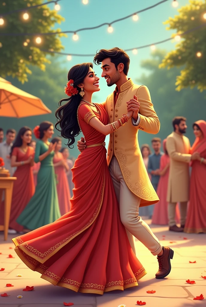 Create a Indian cartoon charcter of The couple dancing together at an outdoor Indian wedding, surrounded by twinkling fairy lights and guests in traditional attire. The girl is in a beautiful saree, and the boy in a sherwani, both smiling as they hold each other close
