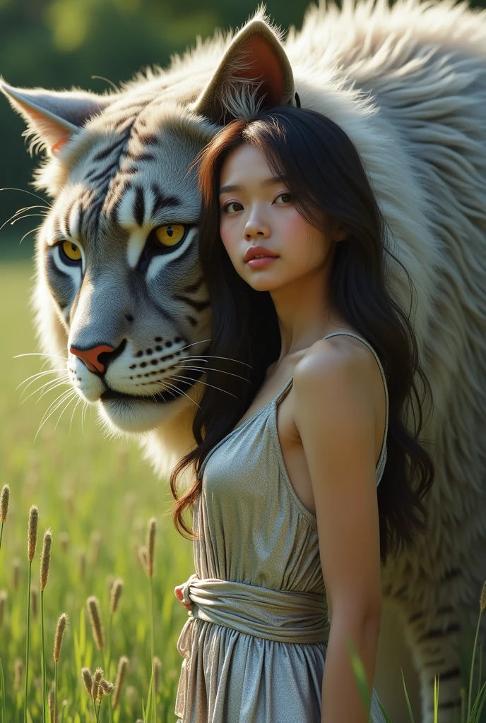 Realistic portrait of a beautiful girl, wearing a silver dress, standing outdoors in the grass, surrounded by a huge larger-than-human cat, (Best Quality, 4K, 8K, HD, Masterpiece: 1.2), Ultra detailed, (Realistic, Photorealistic, Photorealistic: 1.37), Extremely detailed CG, 1 girl, Beautiful detailed eyes, Beautiful detailed lips, Extremely detailed eyes and face, Long eyelashes. Vibrant Colors, Studio Lighting, Physically Based Rendering, Professional Grade