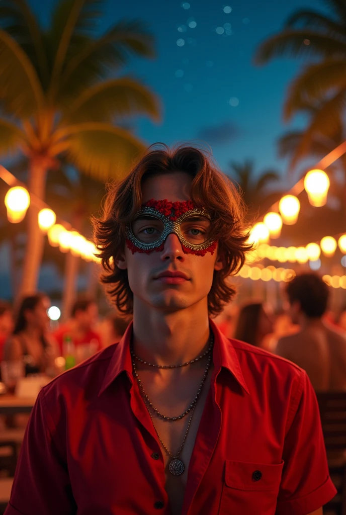 Young man with wavy hair wearing a mask on his upper face and red clothes at a luau party at night