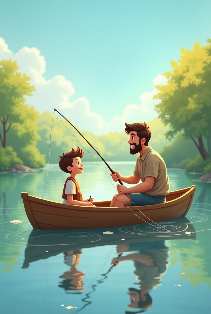 A boy and his father fishing in a lake in a boat.cheered up
