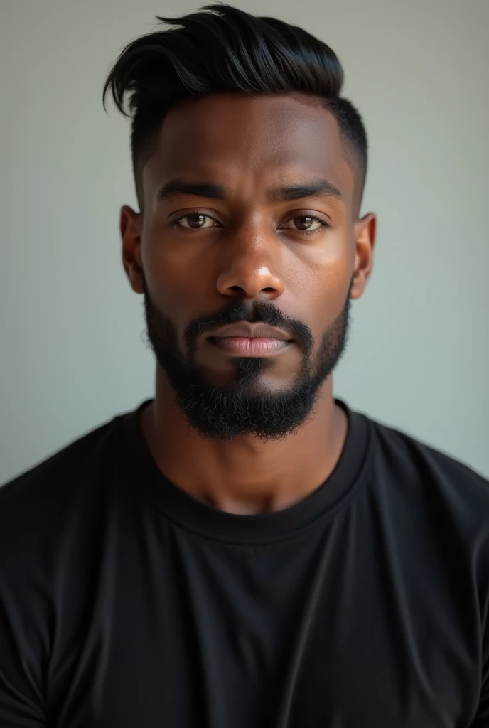 Young man with brown skin, bearded in a black T-shirt, short hair with a gradient cut
