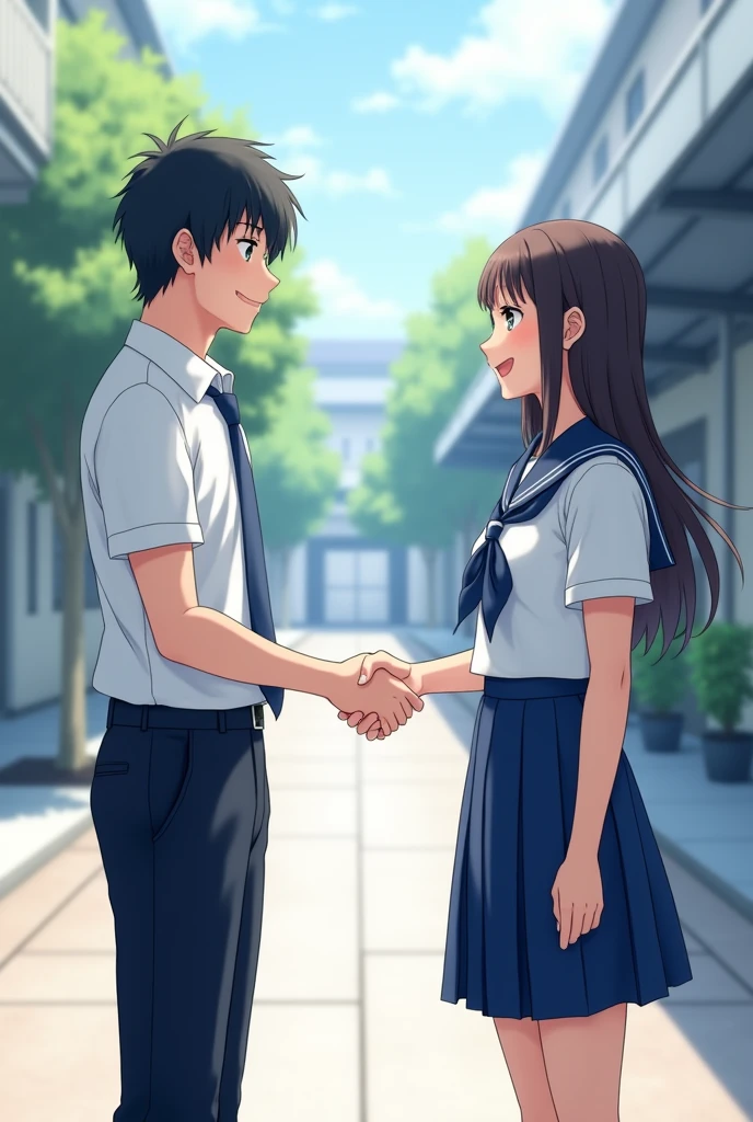 anime, students dressed in white and blue uniforms, shaking hands