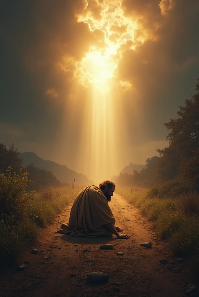 Paul the apostle on the road to Damascus prostrated with his face to the ground and a strong light coming from the sky