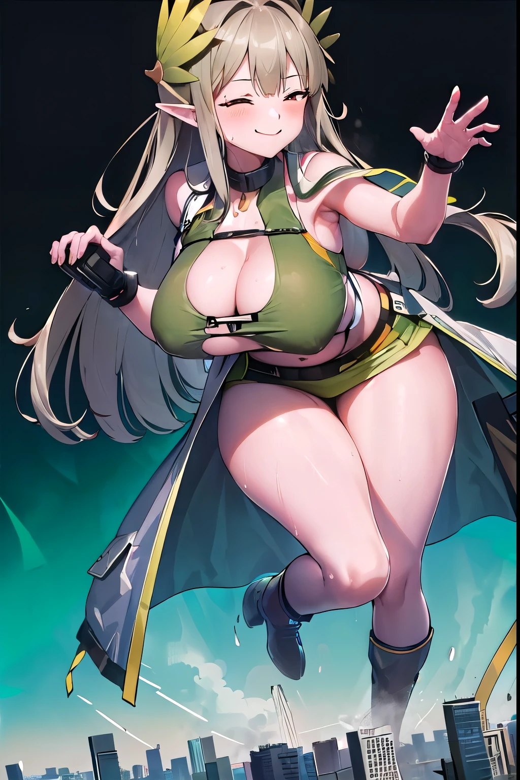 ((giantess)), 1 rapariga, Muelsyse_arknights, Woman destroying a city, Big cities, Glass building, Pleasure, Long legs, Sweat, Falling sweat, giga giantess, blue sky, ((hugebreast), Curvaceous, smile, Background of the metropolis, fullbody, Destroyed City, Dust, Woman with microphone, singing, anime, panorama, best quality, masterpiece, highres