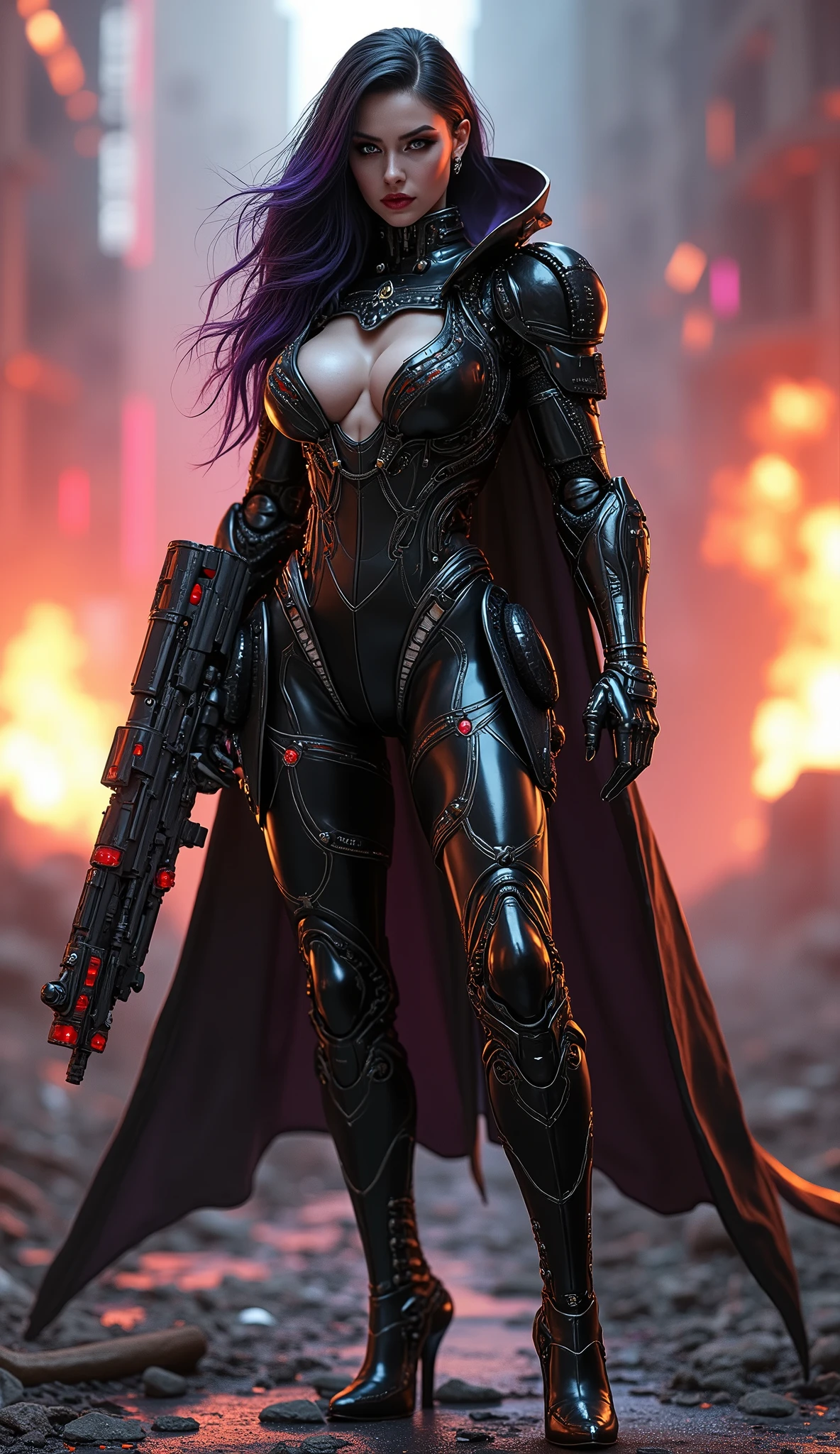 full body pose wearing a mechanical suit, massive bimbo silicone breast, Mechanical wonder, Cyberpunk, Cybernetic Guardian, futuristic sexy black armor, full body, front pose, symmetry, intricate (steel metal [rust]), joints, warframe style, cyborg, fit muscular female body and armor, Beautiful body, Massive silicone breast, pale skin, seductive, temptation, eat your soul, clevage, long flowing black hair with purple highlights, heavy gothic makeup, at night, neon, holding a futuristic black and red laser rifle, sith queen, warrior queen, black latex cloak, stiletto heels, full body pose, wartorn ruins in the background, explosions and fire, high heels