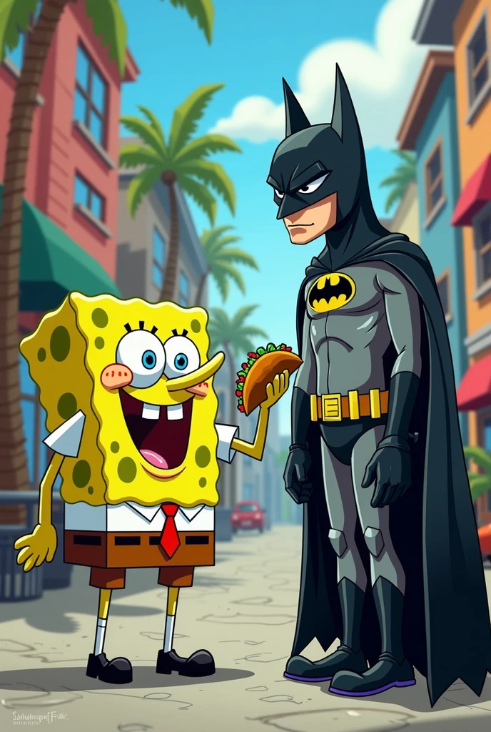 Spongebob selling tacos to Batman