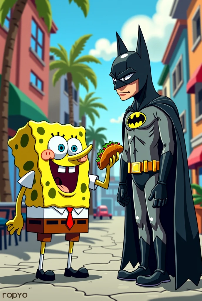 Spongebob selling tacos to Batman