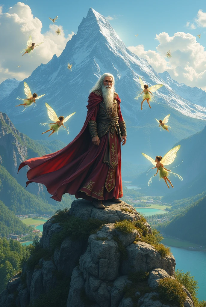 Wizard on the mountain with fairies