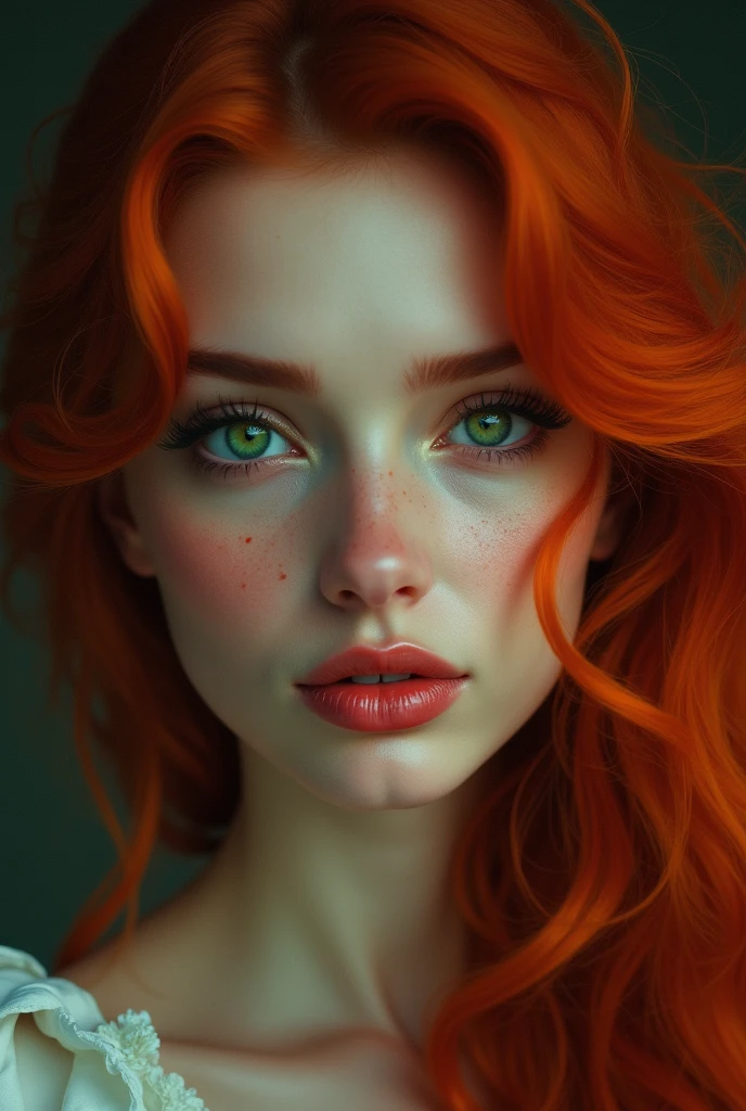 A woman with beautiful detailed green eyes, beautiful detailed lips, long red curly hair, delicate mole on one cheek, adorable dimples, elegant beauty, cinematic lighting, high quality, hyper detailed, photorealistic, 8k, masterpiece, fantasy art, vibrant colors, dramatic lighting, chiaroscuro