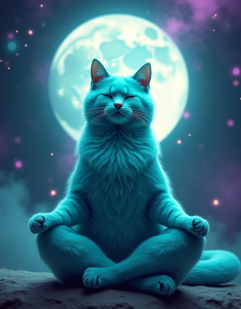 create a turquoise cat, he is meditating on the moon, under the moon, is calm and happy, He's cute, and has his eyes closed, is meditating in the lotus position, super realistico, the background is the turquoise galaxy with purple