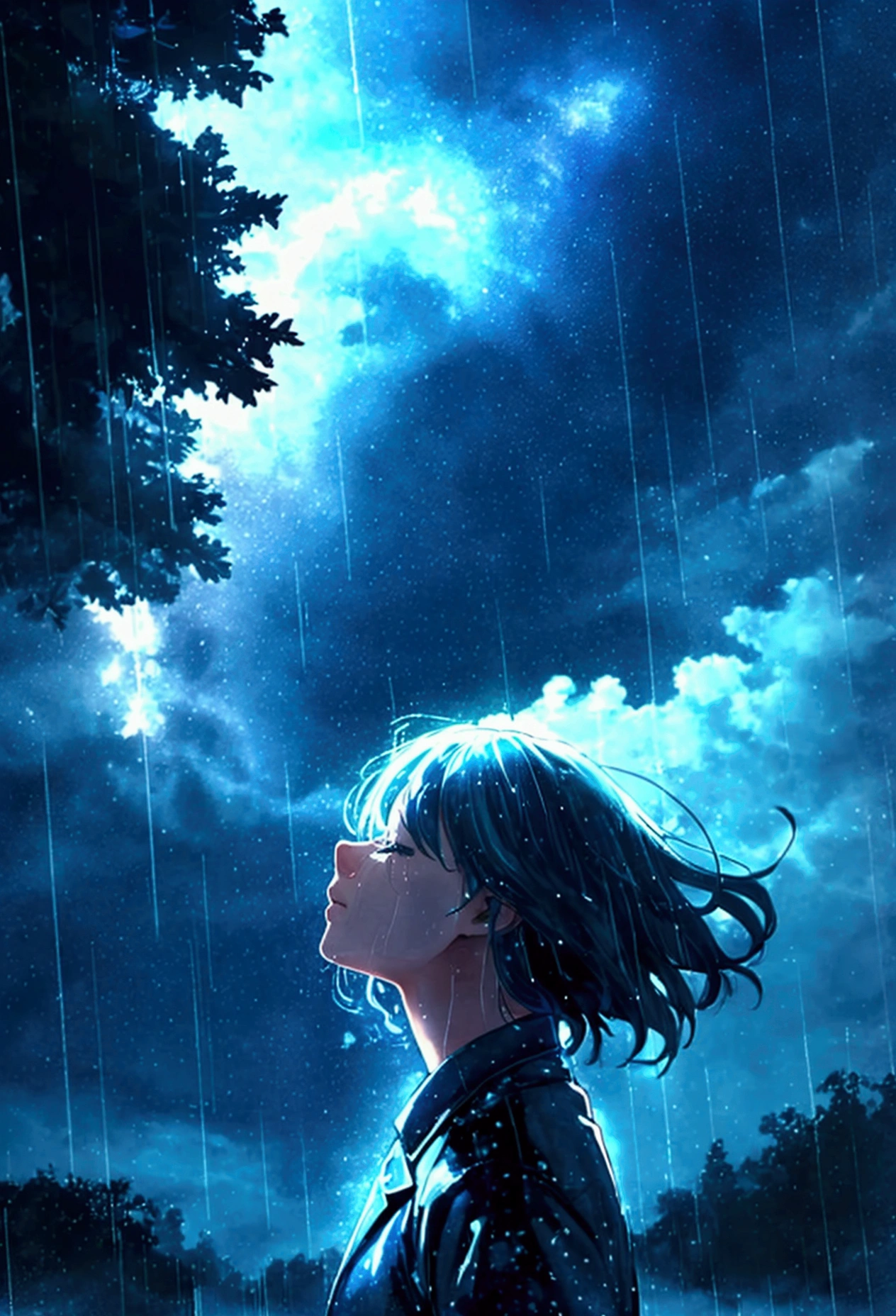 Tears, rain, thunder, night sky, facing the sky,