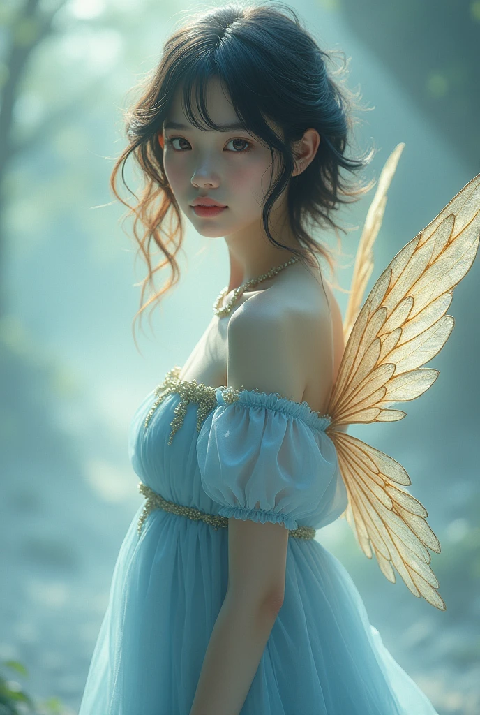 20 year old girl, half natural blonde with long hair and half black hair with very short black hair, with brown eyes and a knee-length light blue dress with two wings