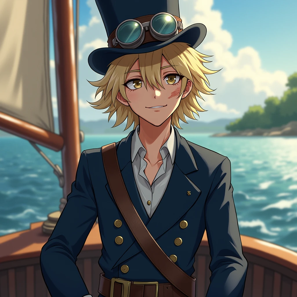 White male、(((1)))、Mishii Youth、blonde、semi-long、hopeful、Brave、skinny、(((Old burn scar around left eye)))、Top hats and goggles、Navy Costume、Jacket、On the boat、Genuine、Genuineistic、Live Action、High resolution、of the image