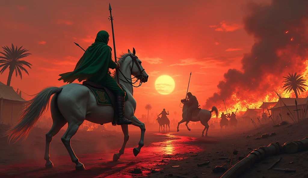 bloody sky, sun set, arrow everywhere, burning tents, date trees, blood everywhere, bloody swords, army with swords, knife, sheilds, and fire woods in his hand, a white wounded horse, a men which wear green hijab and proper fighting suit, heavy smoke, a bloody  river