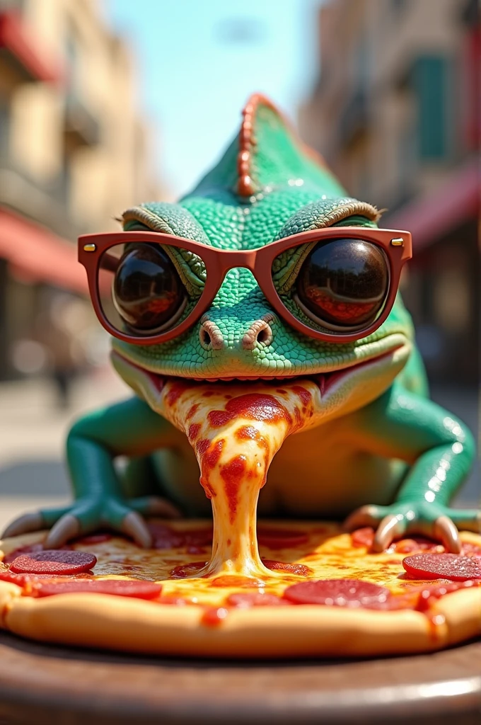 Chameleon in sunglasses eat pizza 