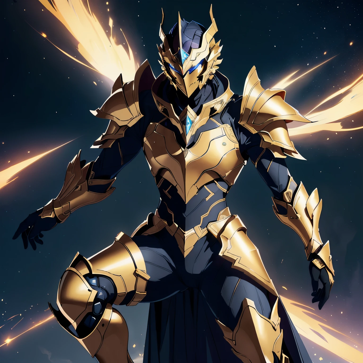 It's a man. The image presents a highly detailed and futuristic armor designed for a male warrior. The armor combines elements from different parts to create a cohesive and powerful look.
Helmet: The helmet features a sleek, aerodynamic design with a golden metallic finish. It has a central crest that rises upwards, and the visor glows with a bright blue light, giving it a high-tech, futuristic appearance.
Pauldrons (Shoulder Pads): The shoulder pads are large and wing-like, curving outward and upward, with a polished golden finish. These pads extend slightly beyond the shoulders and include a sleek, angular design, providing both a majestic and powerful look.
Chest Plate: The chest plate is intricately segmented, with a combination of gold and dark metallic blue. It has a gem-like crystal in the center that emits a soft, mystical glow. The design of the chest plate is both protective and regal, with sharp, angular lines that add to the overall futuristic aesthetic.
Arm Guards: The arm guards are sleek and streamlined, with articulated golden and purple segments that offer flexibility and protection. The design of the gauntlets is both robust and elegant, incorporating futuristic elements that blend with the classic style.
Leg Armor: The legs are armored with segmented plates that are primarily gold and purple. The boots are angular and sturdy, with a design that conveys both strength and agility. The overall look of the leg armor is grounded yet sleek, completing the ensemble with a powerful stance.
The background of the image is a dark cosmic scene, filled with distant stars and nebulae that highlight the polished surfaces of the armor. Dynamic lighting is used to emphasize the key features, particularly the glowing visor and central chest gem, reinforcing the mystical and imposing nature of the warrior.