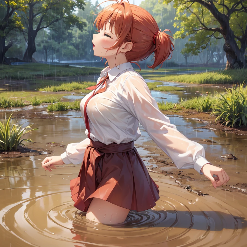 masterpiece, best quality, highres, solo:2, blush, anime CG style, good lighting, swamp, bog, (waist deep in quicksand:1.5), kinomoto sakura, aichan, mikuru1, breasts, (catholic school uniform), white shirt, (red plaid skirt:0.7), ginger girl, red ponytail hair, covered in mud, bog, grass, trees, (orgasm:1.5), (looking up:1.4), beautiful detailed eyes, (from the side:1.5), (rainy weather:1.4), orgasm:1.6, (eyes closed:1.5), mouth open, head back, arched back
