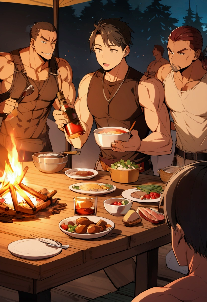 Four muscular men、Surrounding the table、cooking、liquor、camp、Bonfire、A fun atmosphere
