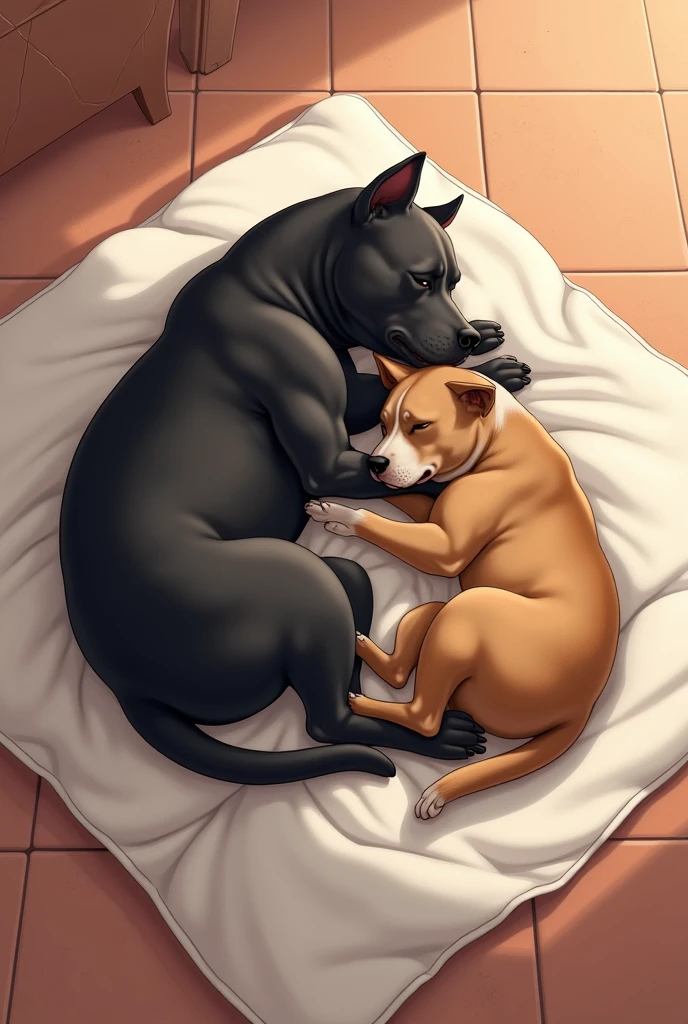 A black pitbull dog and a black mixed breed dog sleeping on a white quilt on a melon tile floor