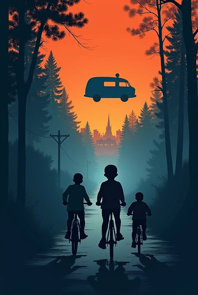 A scene inspired by Stranger Things with a minimalist style similar to Olly Moss. The image is viewed from the side, showing three kids riding their bikes on a dark road through a forest. Eleven, with a shaved head, is sitting on the bike behind one of the boys. In front of them, a police van is being lifted into the air. The middle third of the image shows the town of Hawkins in the background, with iconic buildings, all bathed in contrasting orange and blue light. The style is simple, using silhouettes and bold contrasting colors, reminiscent of vintage movie posters.