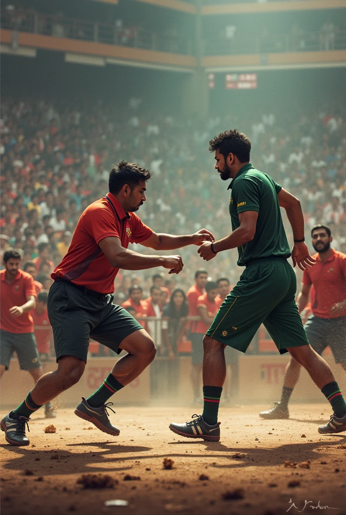 Some one trying to fight.. There are lots of people watching them.but they are fight for country. India vs Bangladesh. Bangladeshi fingter are very strong.India payers are very week