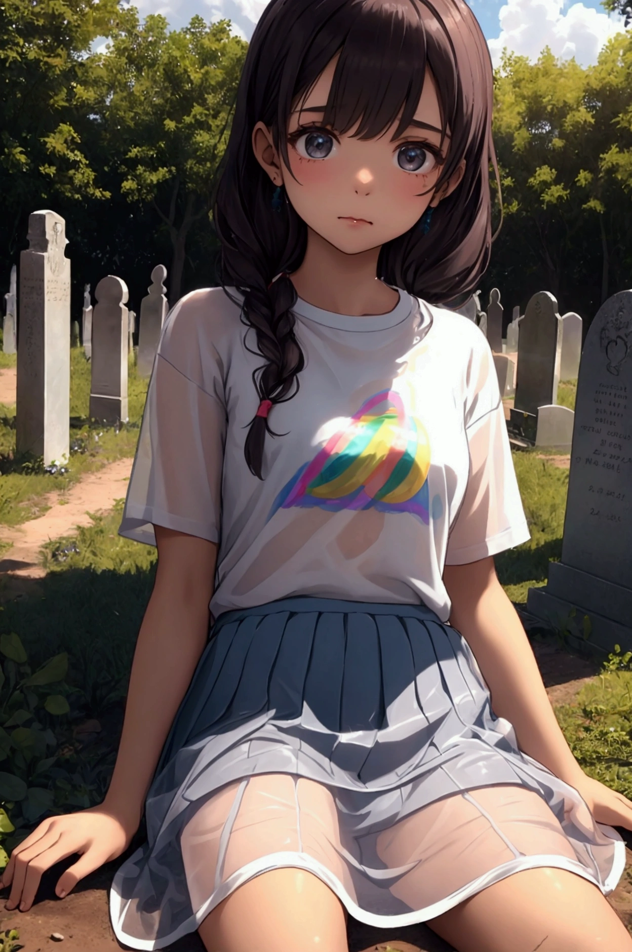 A young girl dressed in a transparent T-shirt and a rainbow skirt sits next to a grave and cries 