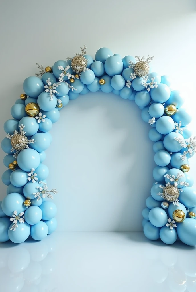 I want a hyper-realistic pastel blue balloon arch, Gold and white combining 3 colors for the decoration of a 15th birthday party, I need this arch to be seen from the front and be truly beautiful, and that it is horizontal.

