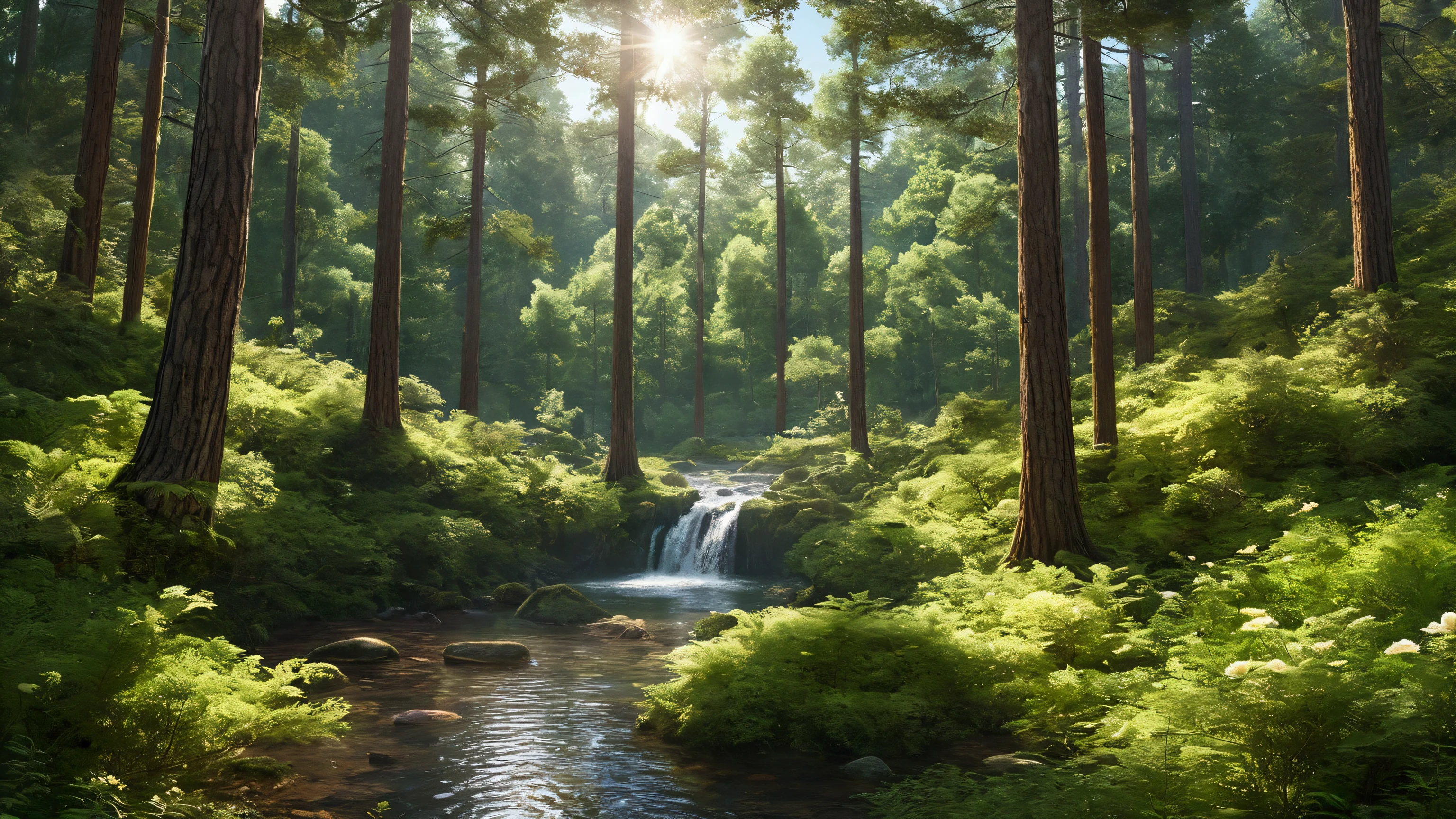 A super high-resolution, realistic image of people enjoying the tranquility of a vast pine and cypress forest. Towering green trees surround them, with sunlight filtering through the branches. The blue sky and white clouds are visible through the canopy. In the distance, two waterfalls, one large and one small, cascade down white streams into a clear creek that flows through the lush green grass. Bright flowers dot the ground, squirrels leap, and birds soar in the expansive scenery with deep depth of field.