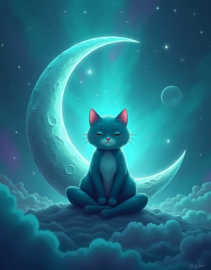 create a turquoise cat, ele is meditating em cima lua, under the moon, is calm and happy, He's cute, and has his eyes closed, is meditating , super realistico, the background is the turquoise galaxy with purple