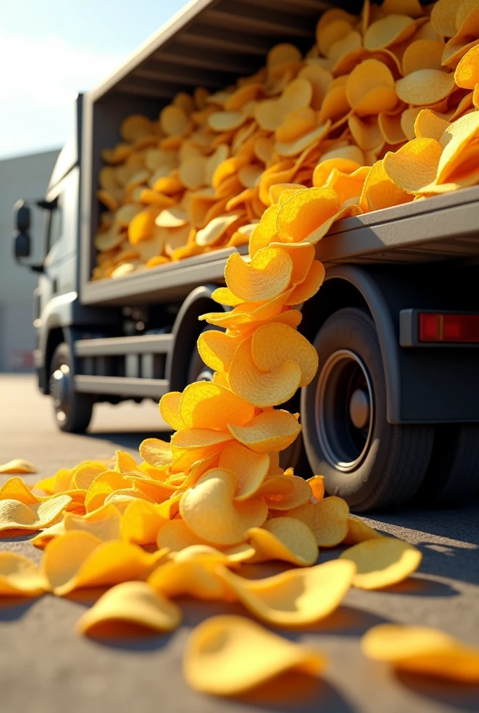 Potato Chips are coming out from truck which is full from yellow colour chips packet ( truck should be from side angle 