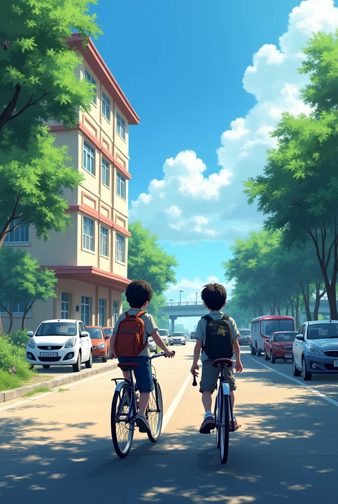 Two boys going to school, with their bicycle outside of school, school building 4 floor building,crs parked outside,trees outside the building and a highway near school, crowded road,4k hd wallpaper, enhanced quality