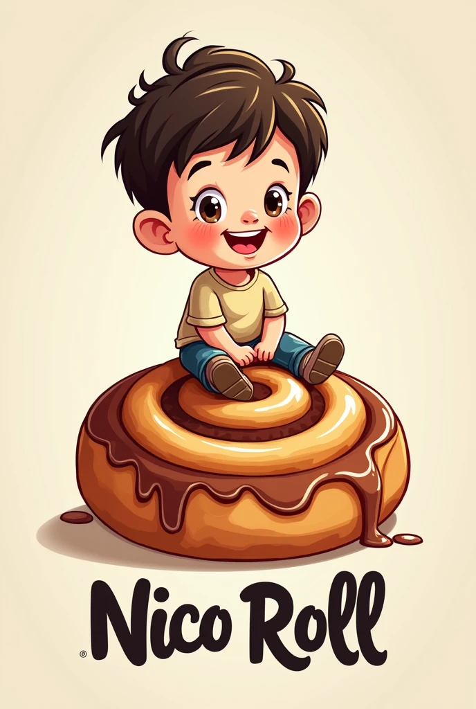 Cinnamon roll company logo called Nico Roll It should have a child sitting on a cinnamon roll and the company name on the side in comic sans font, black color.
All caricature format