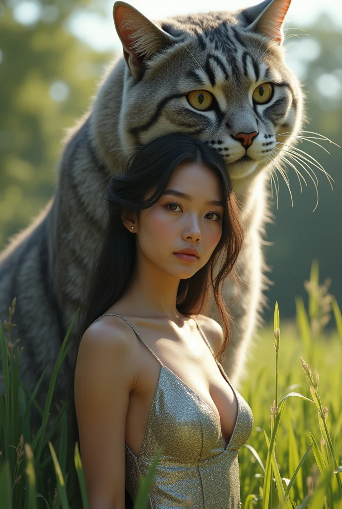 1girl, high res, highly detail, masterpiece, best quality, a big huge cat and a girl outside, huge breast