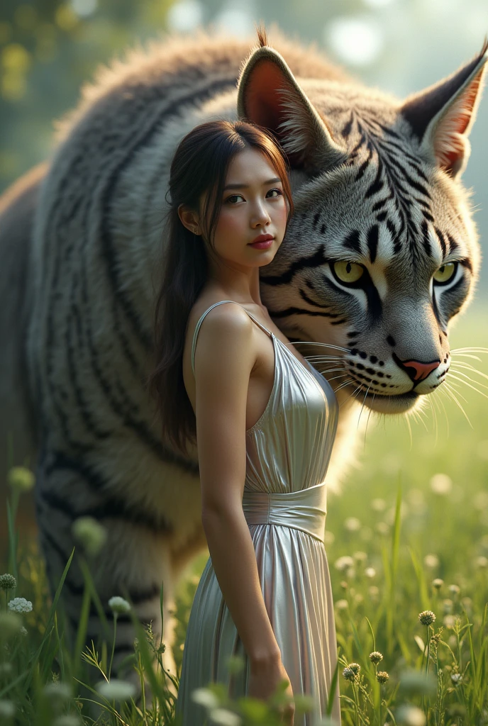 Realistic portrait of a beautiful girl, wearing a silver dress, standing outdoors in the grass, surrounded by a huge larger-than-human cat, (Best Quality, 4K, 8K, HD, Masterpiece: 1.2), Ultra detailed, (Realistic, Photorealistic, Photorealistic: 1.37), Extremely detailed CG, 1 girl, Beautiful detailed eyes, Beautiful detailed lips, Extremely detailed eyes and face, Long eyelashes. Vibrant Colors, Studio Lighting, Physically Based Rendering, Professional Grade