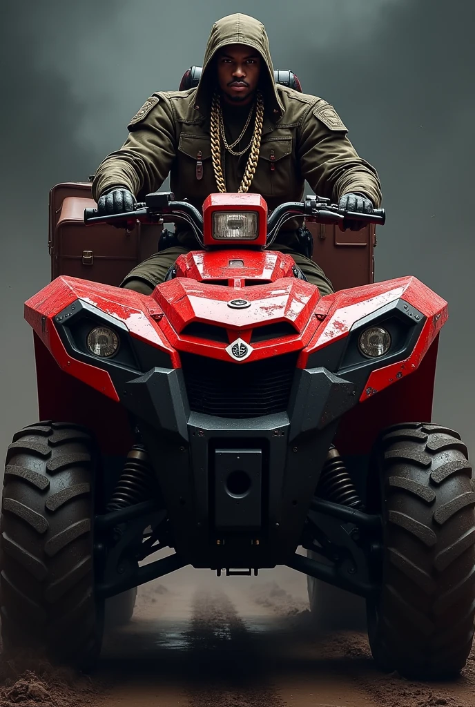 Create an image of a Razer as a red ATV with a man on it and leather briefcases on the back, Let the design be warlike. Put a black background and have gold chains around the neck.