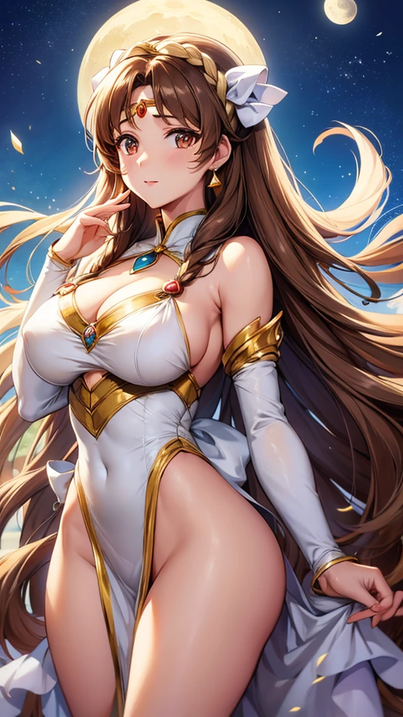 Woman, adult, long brown hair, brown eyes, large breasts, moon, princess serenity