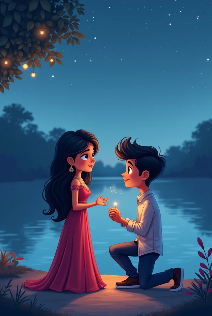 Create a Indian cartoon charcter of A serene lakeside setting during twilight, with the boy down on one knee holding a ring, proposing to the girl. She is surprised and emotional, dressed in an elegant gown, while he is in a smart casual outfit. The lake reflects the starlit sky, adding to the romantic